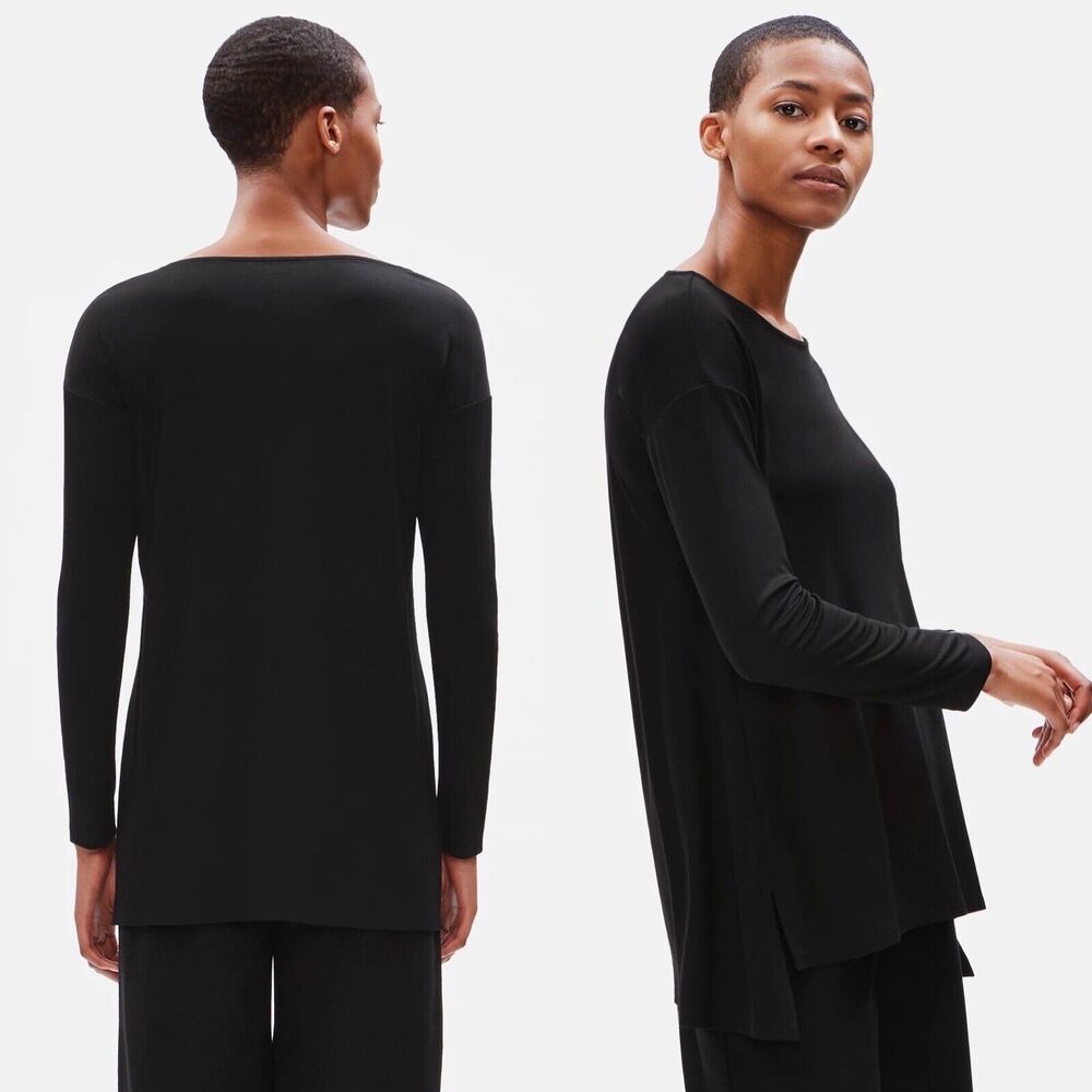 Eileen Fisher Size S Tencel Interlock Ballet Neck Top Slit High Low Hem Black